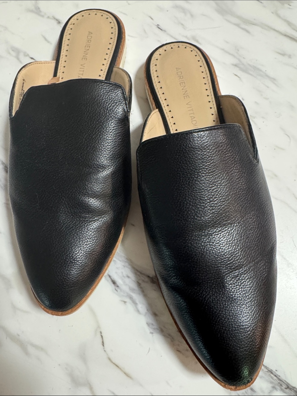 Adrienne Vittadini Black Pointed Leather Slip-On Mules
